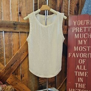 294 POL **New Summer Release** Cream Ribbed Lace-Trim Tank Top